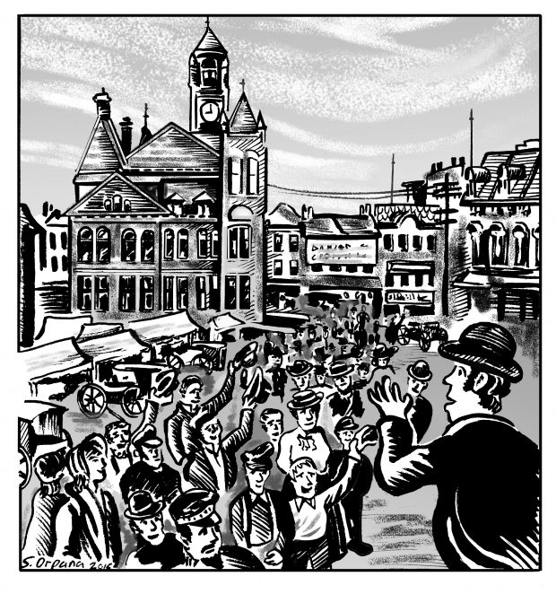 Illustration de James Ryan s’adressant à une foule à la place Old Market. On voit James Ryan de profil tandis qu’il se tient devant une foule de spectateurs au centre du marché. Aux bords de l’image, on peut aussi voir des étals extérieurs temporaires, ainsi que des bâtiments commerciaux.