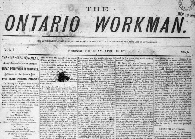 La première page du journal Ontario Workman annonçant une grande manifestation de la Ligue des neuf heures.