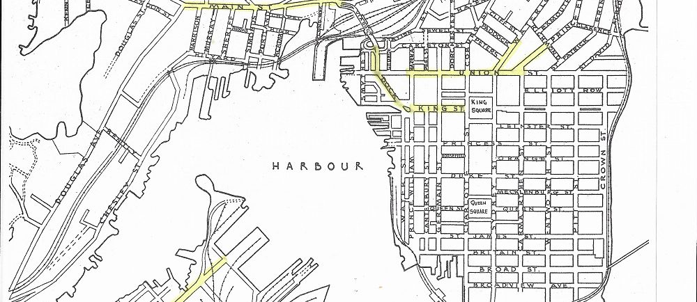 Carte des rues de Saint John montrant les rues du centre-ville, du quartier nord et de Saint John-Ouest.
