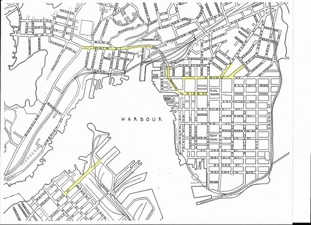 Carte des rues de Saint John montrant les rues du centre-ville, du quartier nord et de Saint John-Ouest.