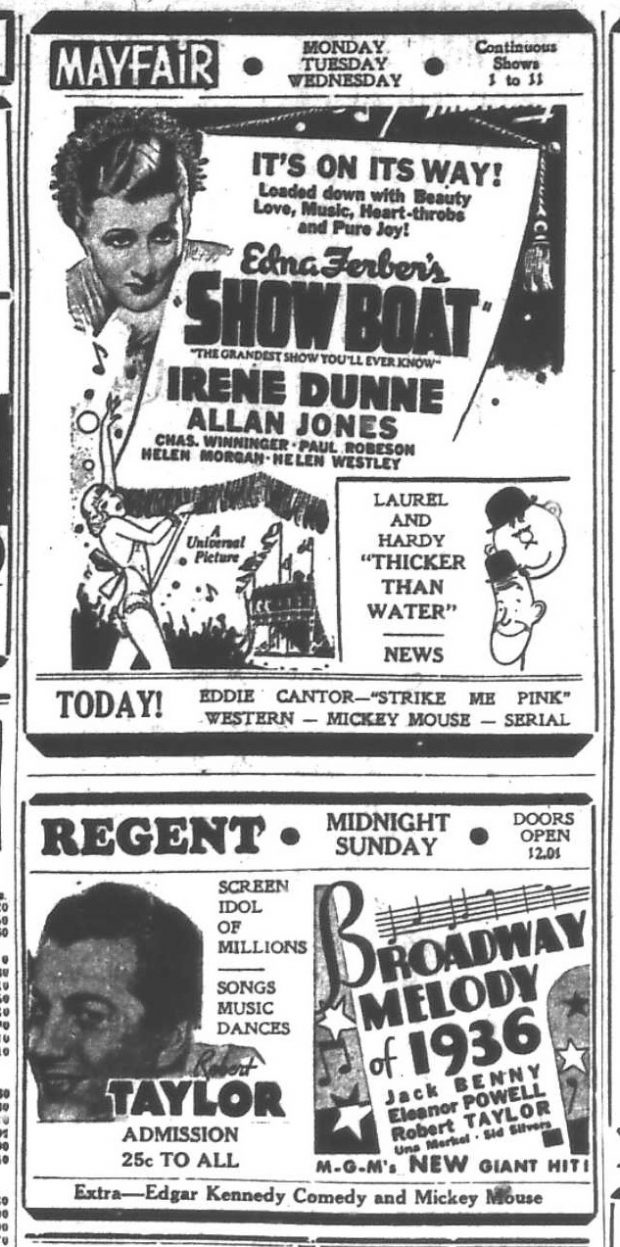 Annonces du cinéma Mayfair dans les journaux, qui présente Show Boat avec Irene Dunne et Allan Hones, et du cinéma Regent, qui présente Broadway Melodies de 1936, avec Jack Benny, Eleanor Powell et Robert Taylor.