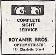 Publicité de presse : « Complete Sight Service - Boyaner Brothers, Optometrists, 111 Charlotte Street ».
