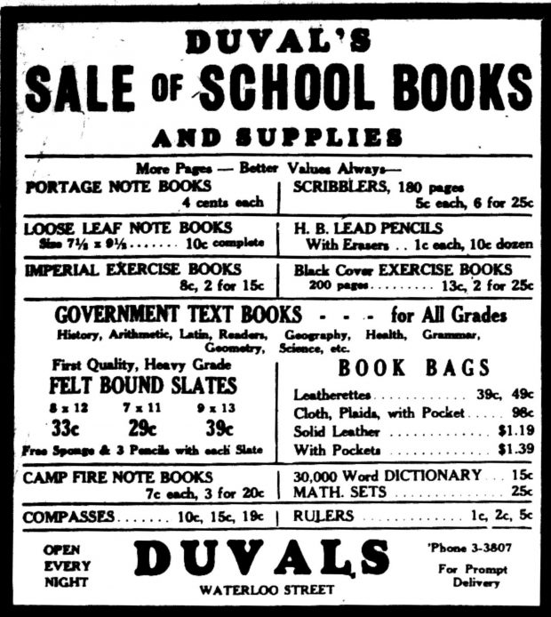 Publicité de presse intitulée « Duval’s – Sale of School Books and Supplies », présentant divers produits avec leur prix.