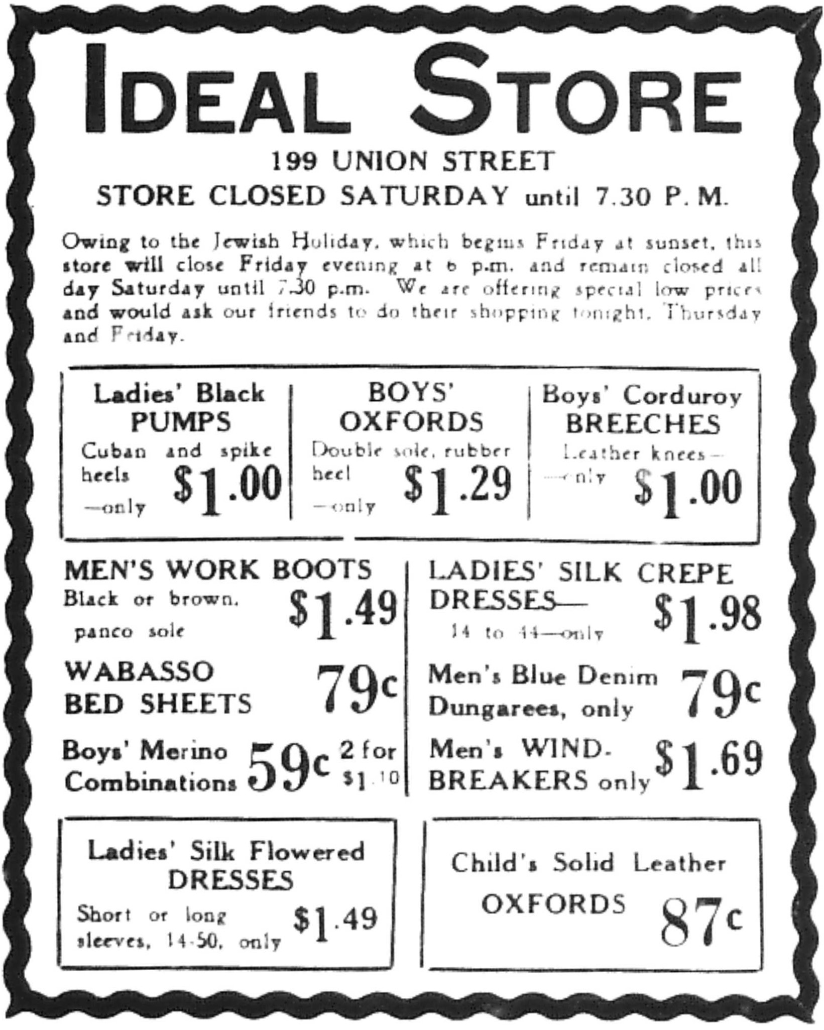 Publicité de presse intitulée « Ideal Store », contenant une liste de chaussures, de vêtements pour hommes et femmes et d’articles de literie avec les prix.