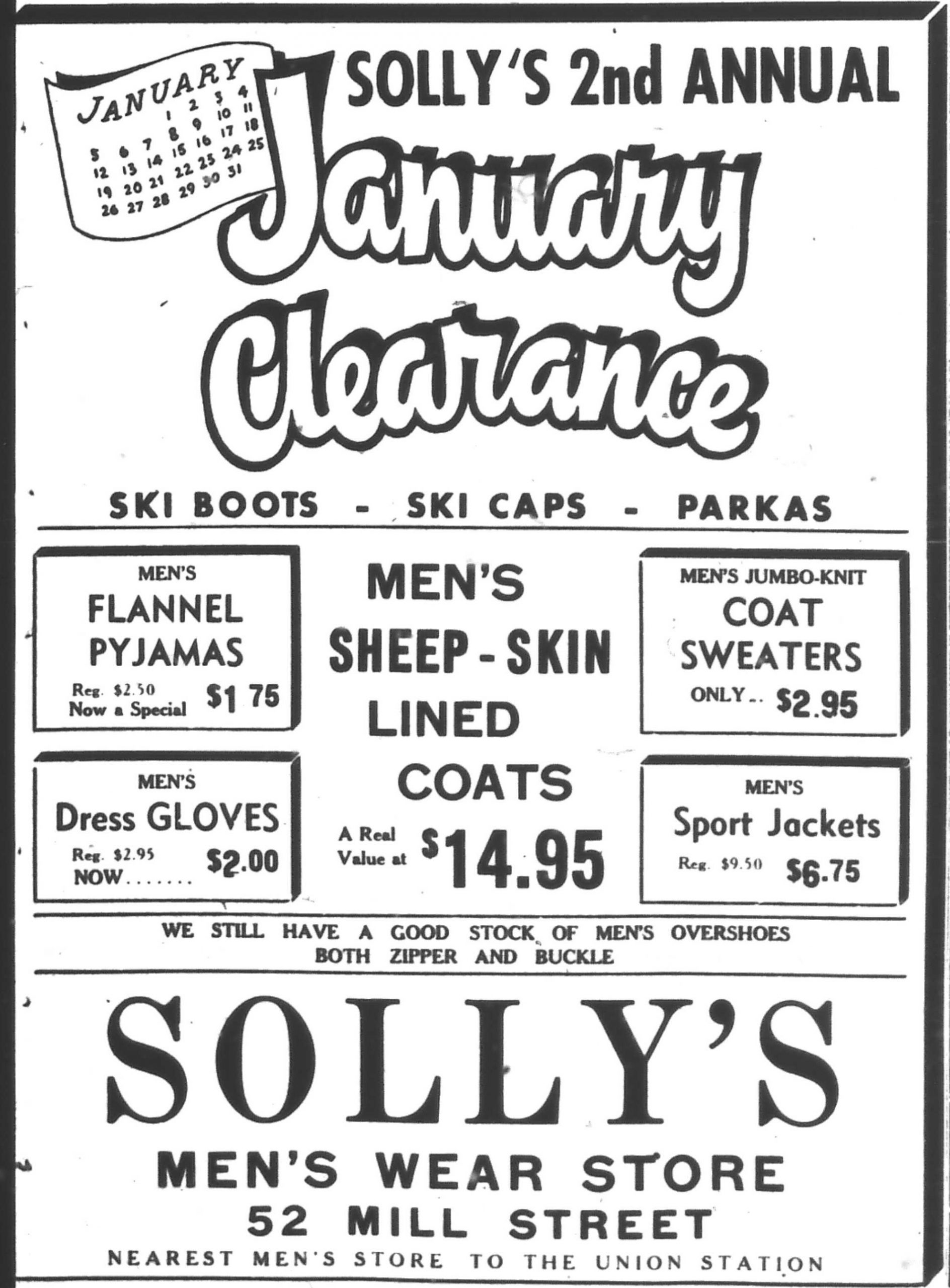 Publicité de presse intitulée « Solly’s 2nd annual January Clearance »” avec les prix de divers modèles de pyjamas, de gants, de chandails et de manteaux doublés en peau de mouton.