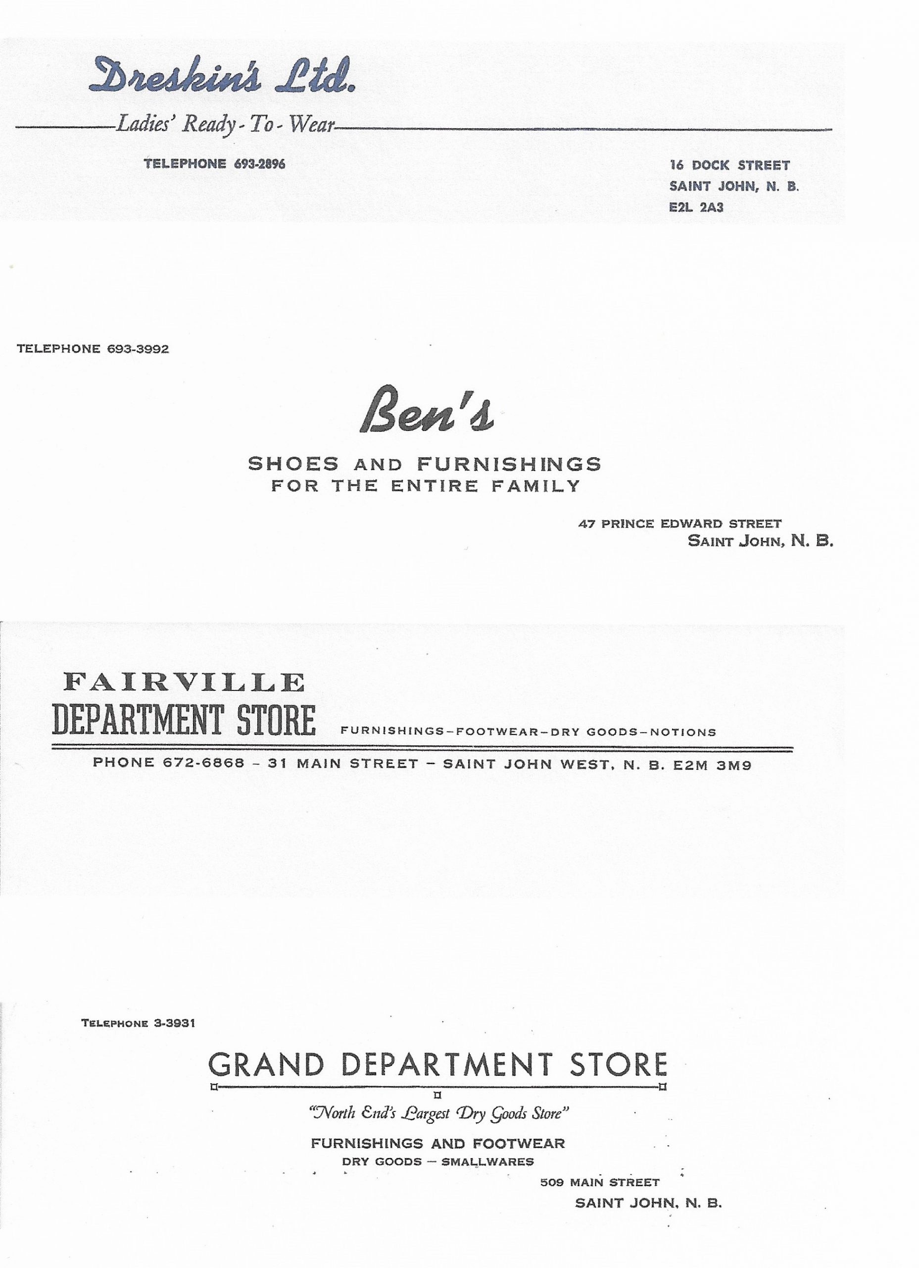 Quatre feuilles de papier à en-tête d’établissements connus : Dreskin’s Ltd, Ben’s Shoes and Furnishings, Fairville Department Store et Grand Department Store.