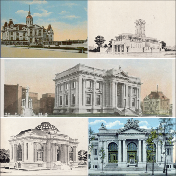 Montage photographique de cinq dessins et de cartes postales. Le premier en haut à gauche est en couleur et représente un grand bâtiment inspiré par les styles du second empire et beaux-art. À sa droite, se trouve un dessin en noir et blanc représentant un bâtiment en briques aux allures modernes inspirés par l’architecture moderne américaine de Frank Lloyd Wright. Les trois dernières ont des allures similaires et sont toutes inspirées par l'architecture beaux-arts.