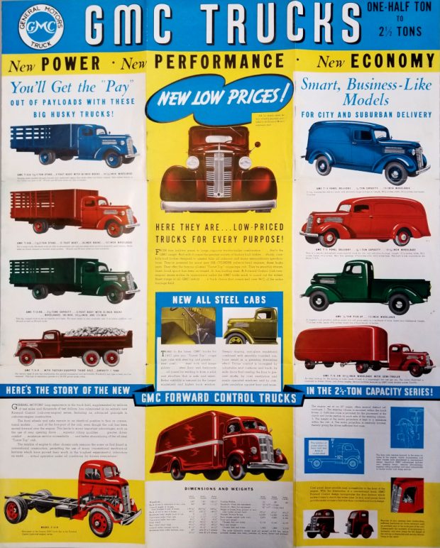 Une affiche publicitaire représentant divers modèles de camions commerciaux et utilitaires.