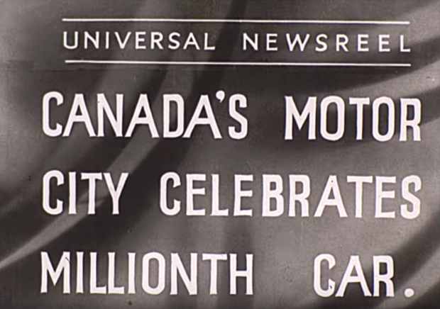 Carte de  titre d'un actualité cinématographique : La ville automobile du Canada fête sa millionième voiture