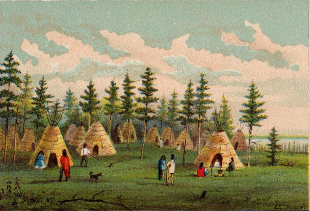 Un tableau représentant plusieurs huttes en écorce dans une clairière au bord d’un lac. On peut voir huit personnes membres des Premières nations en tenue traditionnelle en train de marcher, parler, assises au seuil d’un wigwam, ou en train de faire cuire de la nourriture sur un feu de camp.