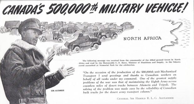Extrait d’une publicité, montrant un soldat superposé sur une carte stylisée de l’Afrique du Nord, avec des dessins de camions militaires.