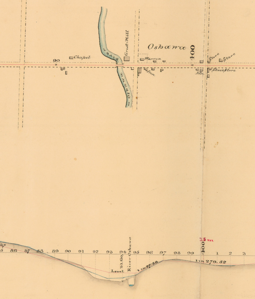 Une carte établie à la main représentant une petite ville, avec des routes, une rivière, et plusieurs petits bâtiments.