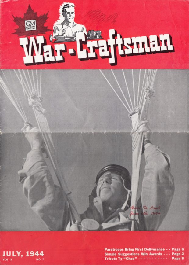 Image tirée d’une couverture de revue, intitulée Artisan de guerre datée du mois de juillet 1944. La couverture montre un gros plan d’un homme descendant en parachute, avec la légende premier à atterrir, 6 juin 1944 