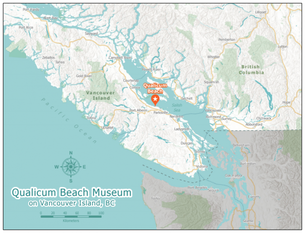 Une carte de l'Île de Vancouver et des régions environnantes. Qualicum Beach est indiqué par un repère orange.