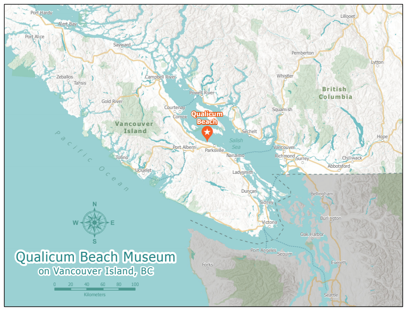 Une carte de l'Île de Vancouver et des régions environnantes. Qualicum Beach est indiqué par un repère orange.