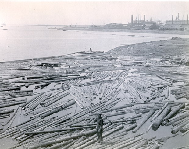 Draveur debout sur une bille de bois sur la rivière St. Mary.