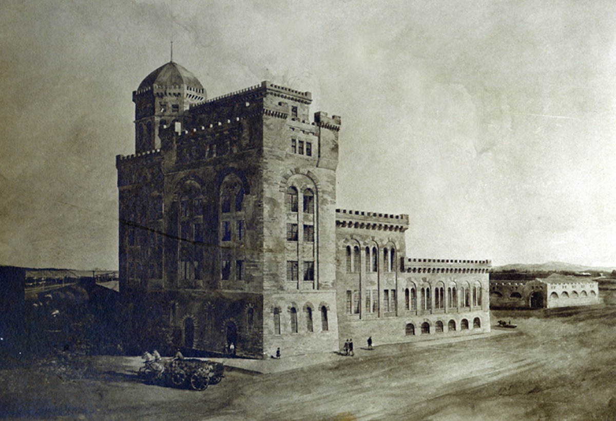 Dessin illustrant le projet initial de la tour à pâte à papier avec une carriole et des marcheurs déambulant en face de la tour.