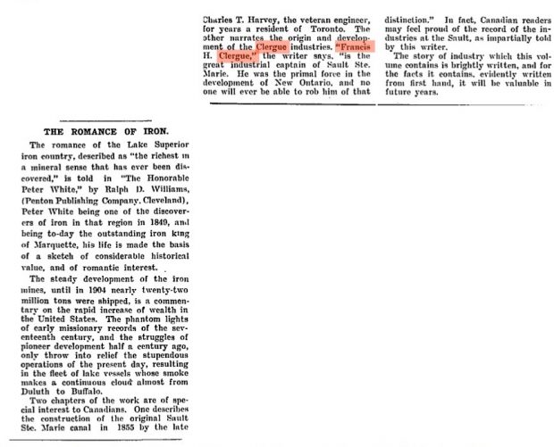 ''The Romance of Iron'  Le Globe and Mail  2 septembre 1905  'ProQuest Historical Newspapers', p. A7