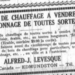 Annonce publicitaire d’Alfred-J. Lévesque dans le journal Le Madawaska pour la vente de bois de chauffage et camionnage de toutes sortes.