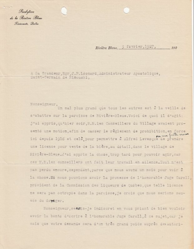 Première partie d'une lettre dactylographiée datant de 1927