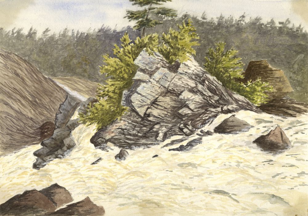 Aquarelle (août 1873, Anna Dawson Harrington) : "Chute sur la rivière du Loup" (vue rapprochée cascade tumultueuse). Eau s'écoulant avec force sur les rochers. Arrière-plan : ligne d’arbres. 