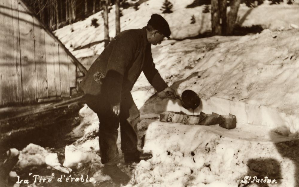 Photo sépia "la Tire d'érable" (S. Pacôme) : homme en habits d’hiver versant de la tire d'érable dans des récipients d’écorce sur la neige. Arrière-plan : boisé enneigé, une partie d’une structure en bois à gauche.