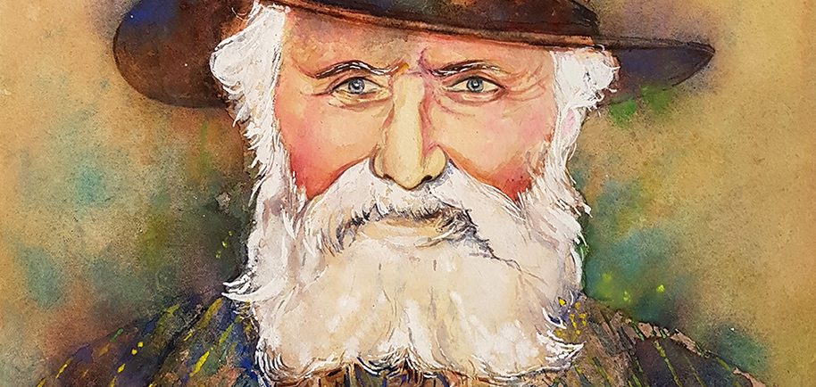 Un portrait à l'aquarelle d'un homme barbu âgé portant un chapeau brun à large bord. 