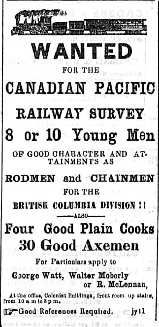 Coupure de presse d’une annonce publicitaire disant qu’on cherchait à embaucher des hommes « de bonnes mœurs et qualifications » pour l’équipe d’arpentage du Chemin de fer du Canadien Pacifique.