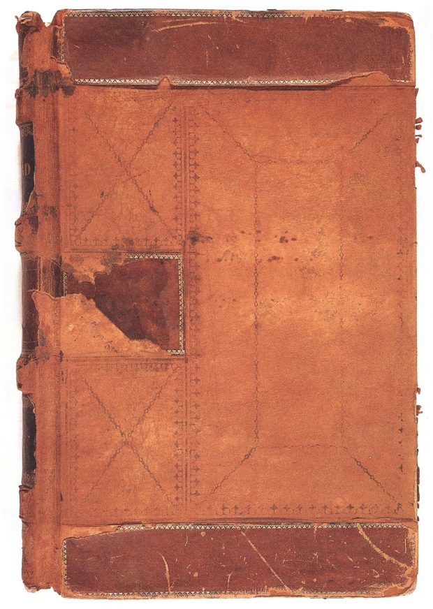 Une photographie du journal couvert d’une reliure en cuir orange brûlé de Robert M. Rylatt. La couverture porte plusieurs déchirures et quelques petites taches foncées.  