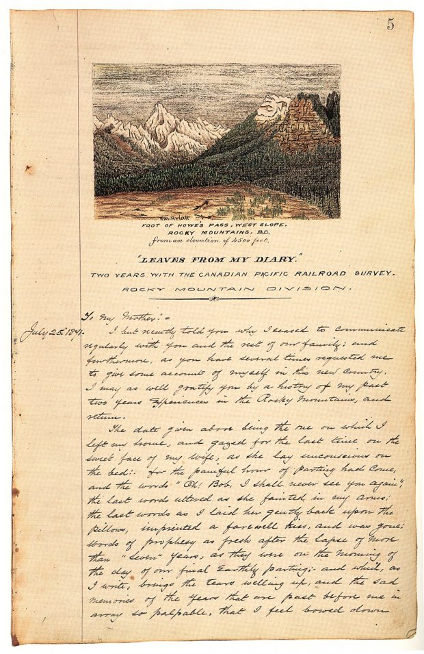 La première page du journal personnel de Robert M. Rylatt. On y voit une image dessinée et coloriée à la main d’un paysage montagneux et, sous celle-ci, du texte écrit à la main à l’encre noire. 
