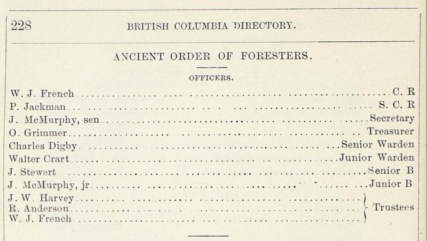 Un document portant du texte imprimé qui nomme les officiers de l’Ancient Order of Foresters (AOF) de 1882-1883. P. Jackman y est classé « S. C. R. », abréviation de « Sub Chief Ranger ». 
