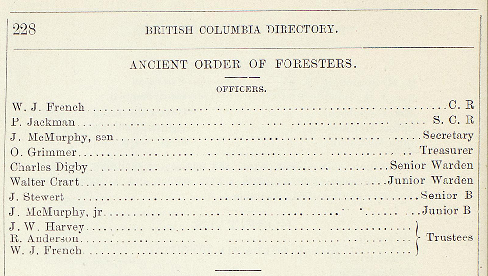 Un document portant du texte imprimé qui nomme les officiers de l’Ancient Order of Foresters (AOF) de 1882-1883. P. Jackman y est classé « S. C. R. », abréviation de « Sub Chief Ranger ». 