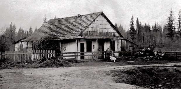 Photographie en noir et blanc de la première maison des Jackman à Aldergrove. La maison est de couleur claire et son toit est en bardeaux de bois. Il y a une clôture en lattis du côté gauche de la photo, et une simple clôture de bois devant la maison. Philip Jackman est debout devant la maison avec un chien au pelage pâle.