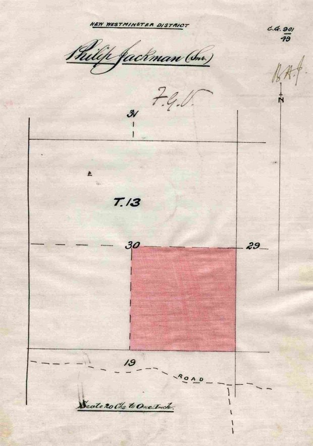 Document gouvernemental où figure un diagramme de la parcelle de terrain de Philip Jackman à Aldergrove. On y voit un carré rose représentant la parcelle de terrain à l’intérieur d’un carré de plus grande dimension. Au-dessus du diagramme figure une inscription écrite à la main : « Philip Jackman (Snr.) ». 