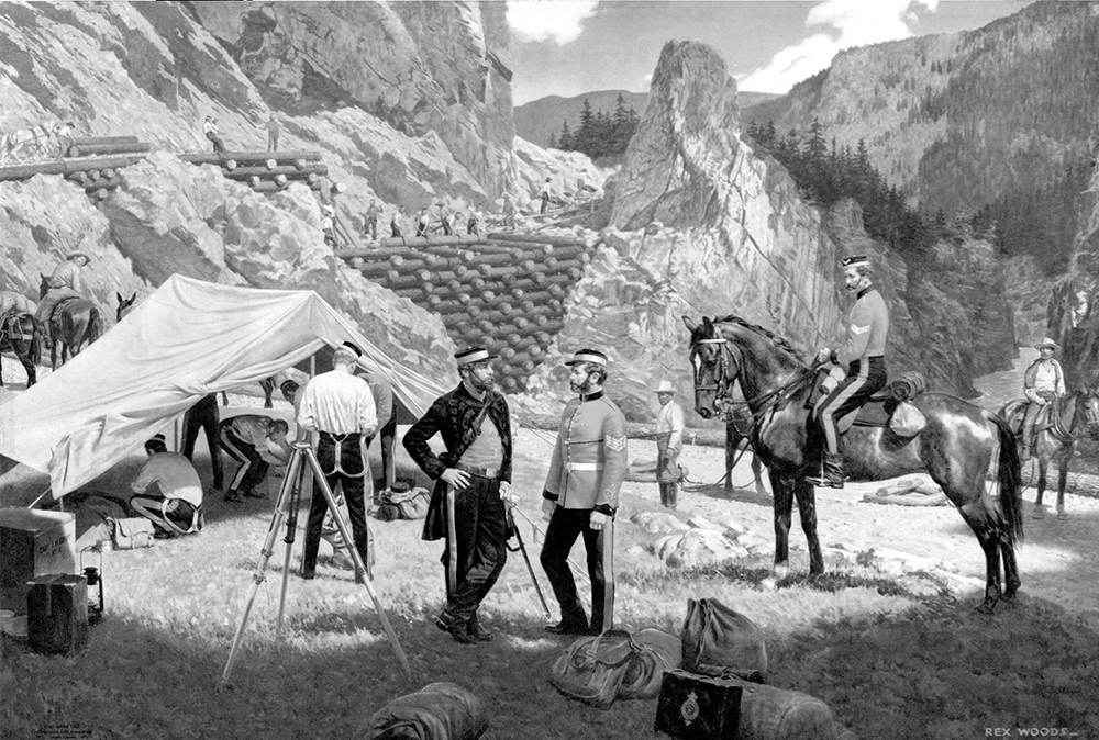 Une peinture représentant des soldats des Royal Engineers et des ouvriers construisant la route d’accès à la région de Cariboo, le long du canyon d’une rivière en 1862. Il y a, sur la gauche de l’image, un groupe d’hommes sous une tente de toile; au centre, deux soldats des Royal Engineers sont debout face à face, et du côté droit de l’image, on voit deux hommes à cheval. À l’arrière-plan, des hommes construisent un pont à chevalets. 