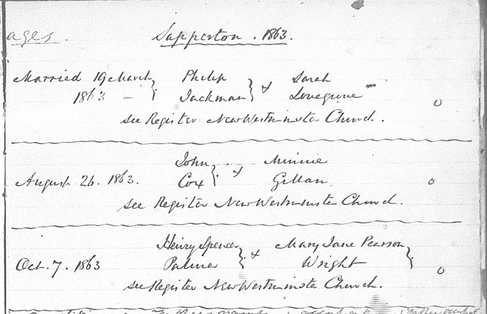 Un facsimilé d’une page de registre des mariages écrite à la main où sont consignés trois mariages ayant eu lieu à Sapperton en 1863. 