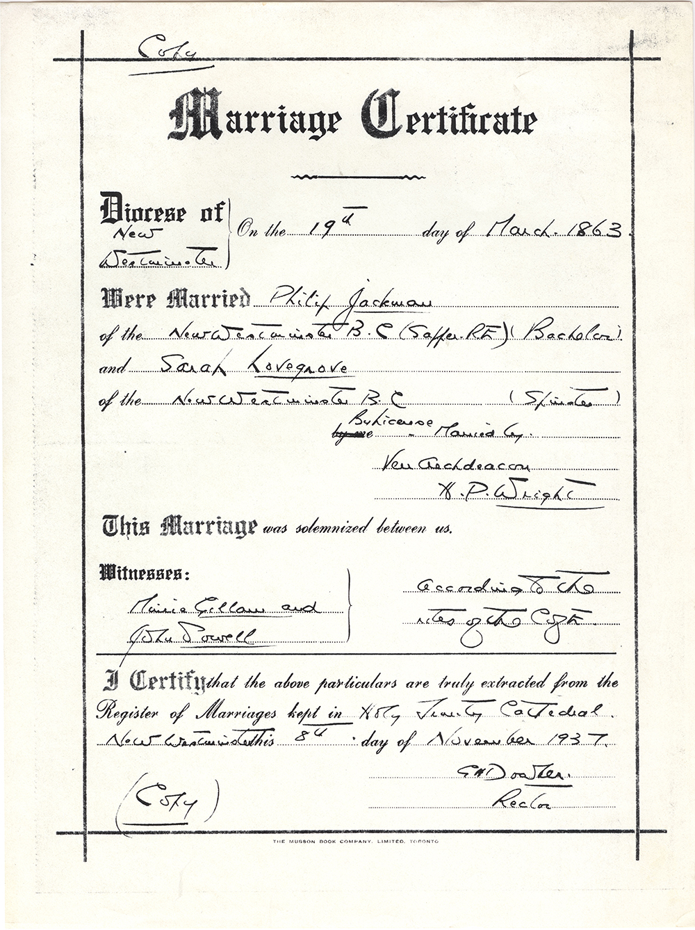 Un facsimilé du certificat de mariage de Philip Jackman et Sarah Ann Lovegrove, qui a été rédigé à New Westminster, en Colombie-Britannique. On y lit la date et le lieu de la cérémonie de mariage, et le nom du célébrant et des témoins présents.
