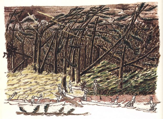Une image dessinée et coloriée à la main d’hommes en canot accostant. La rive est bordée de buissons et d’une dense forêt dont les arbres se font renverser par le vent et sont frappés par la foudre.