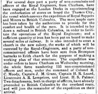 Une coupure de presse du journal The Cork Daily Reporter datant de 1858. On y traite du départ de soldats des Royal Engineers et de sous-officiers pour le Canada et du projet de construction d’un chemin de fer en Colombie-Britannique.