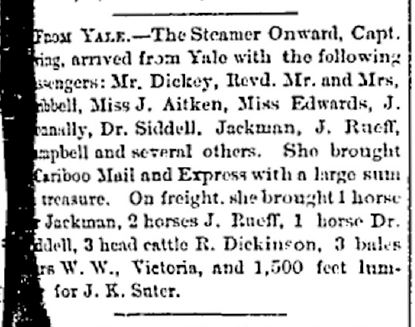 Coupure de presse du numéro du 10 août 1872 du Mainland Guardian où Philip Jackman est nommé parmi ceux qui se sont rendus de Yale à New Westminster à bord du bateau à vapeur Onward.