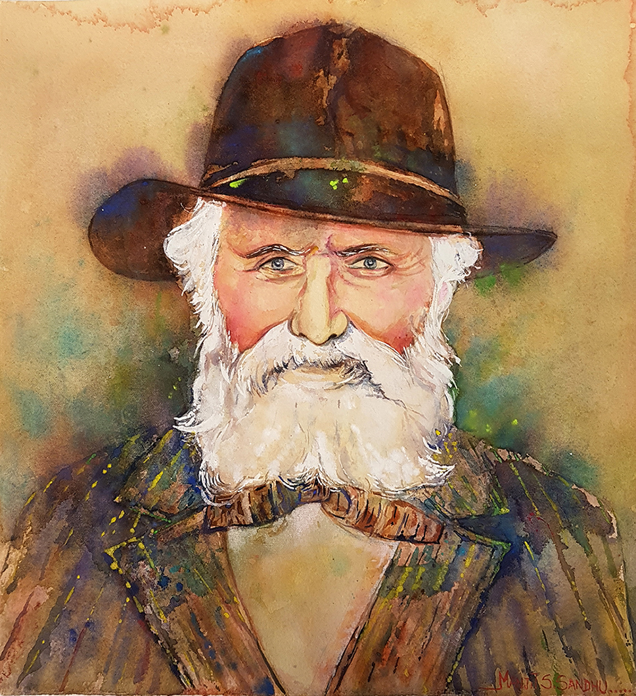 Un portrait à l'aquarelle d'un homme barbu âgé portant un chapeau brun à large bord.