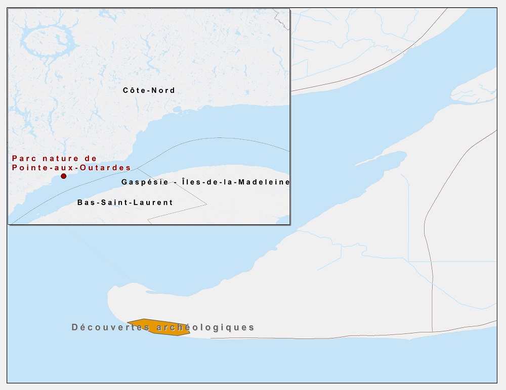 Carte localisant la zone de découverte sur la pointe et Pointe-aux-Outardes dans l'est du Québec