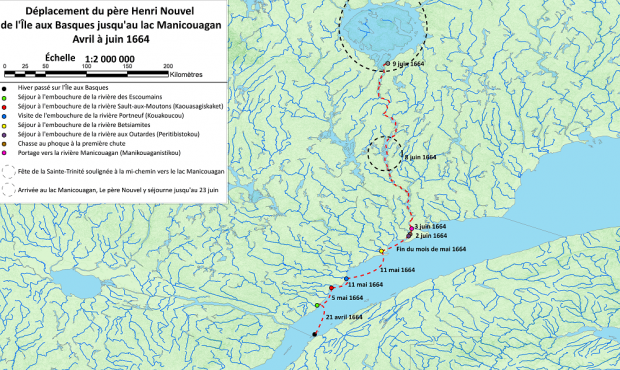 Une carte de la Côte-Nord détaillant le trajet du père Henry Nouvel.
