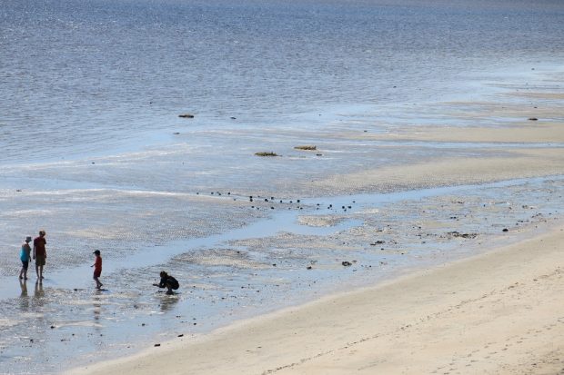 Plage avec des vestige de fascines et quatre personnes