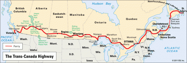 Une carte du Canada qui inclut une ligne rouge pour souligner ​l'autoroute transcanadienne​.