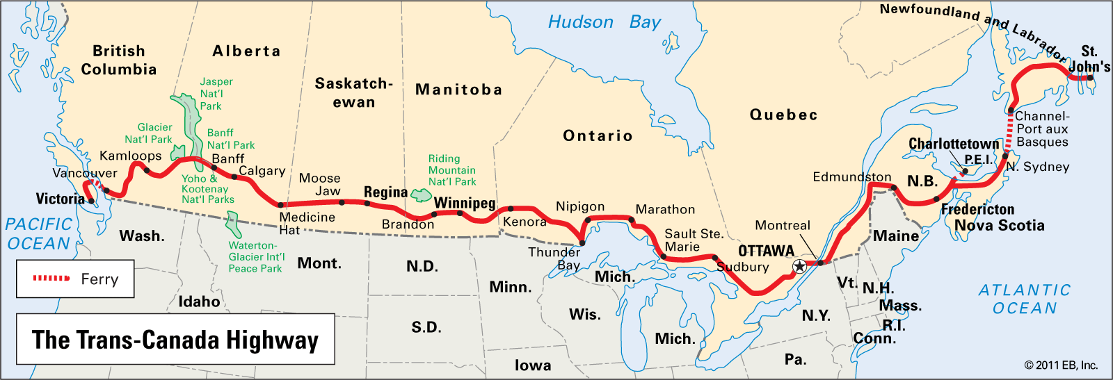 Une carte du Canada qui inclut une ligne rouge pour souligner ​l'autoroute transcanadienne​.