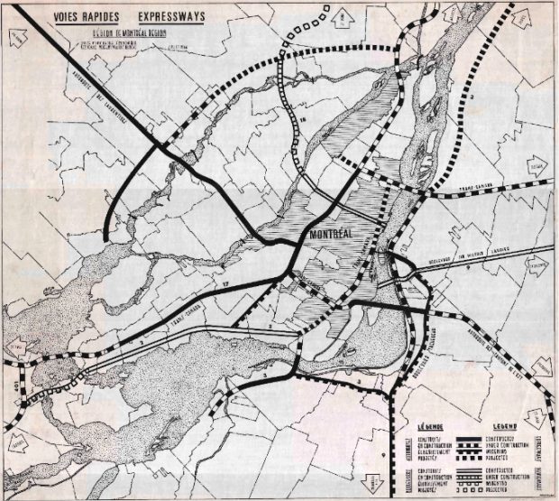 Une carte montrant le tracé des autoroutes dans la région de Montréal