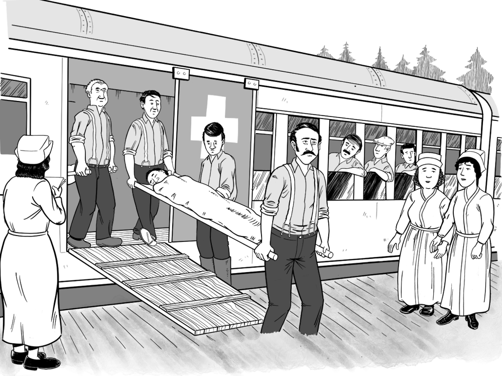 Scène illustrée d’hommes transportant une personne sur un brancard à partir d’un train. 