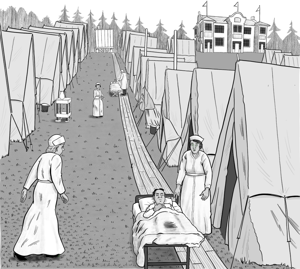 Illustration d’infirmières et de brancards entre deux rangées de tentes à l’extérieur d’Aggie Hall.
