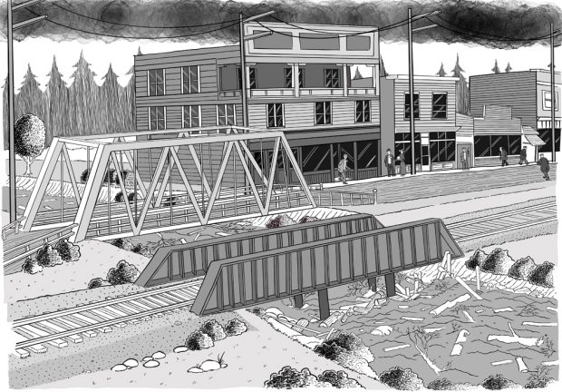 Une illustration de deux ponts côte-à-côte avec des billots en-dessous